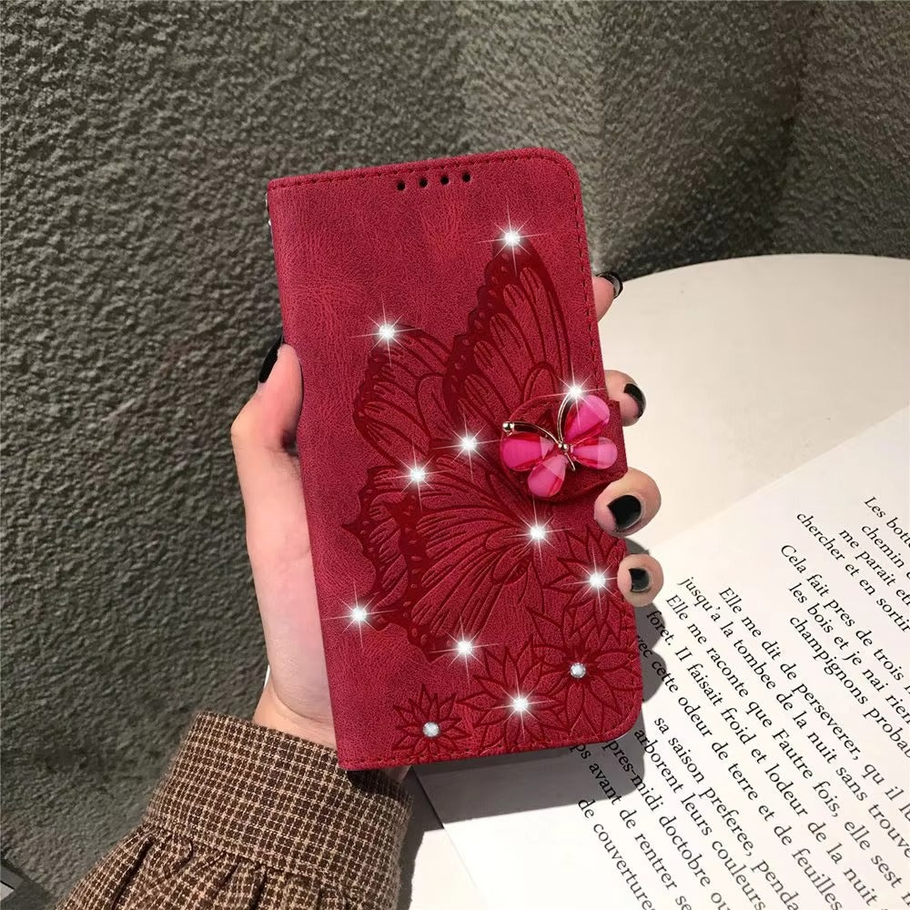Luxury Apple iPhone Case, MagSafe Compatible, Camera Lens and Screen Protection, Ultra Thin, Shockproof, Magnetic, Full All Around Protection, Butterfly Glitter Wallet Cover