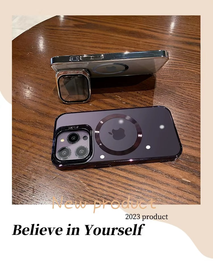 Luxury Apple iPhone Case Ultra Thin Shockproof Magnetic Full All Around Protection Cover with Transparent Plating Bracket