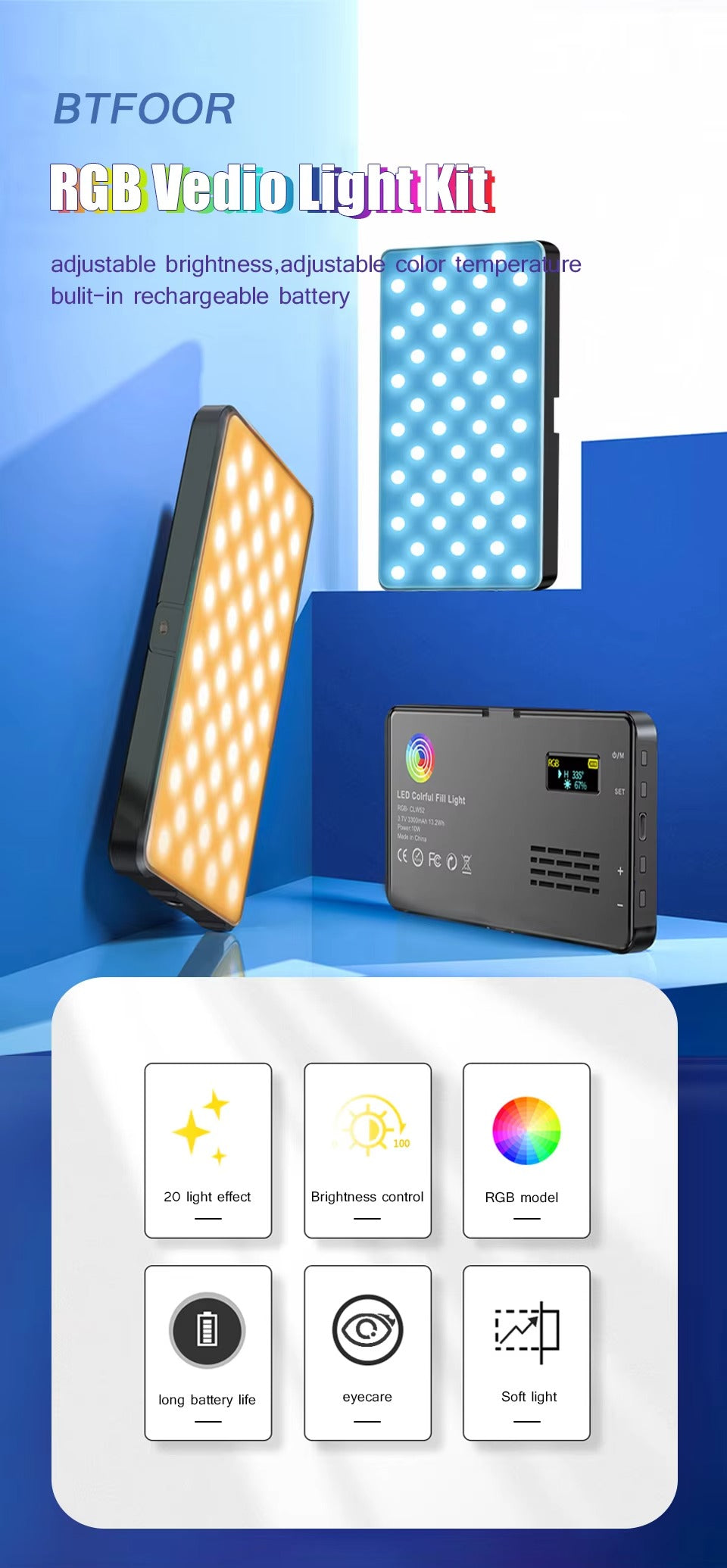 High Quality, RGB LED Video Light Panel – Adjustable 2500–9000K Fill Light with LCD Display, Vlogging, and Apple Devices