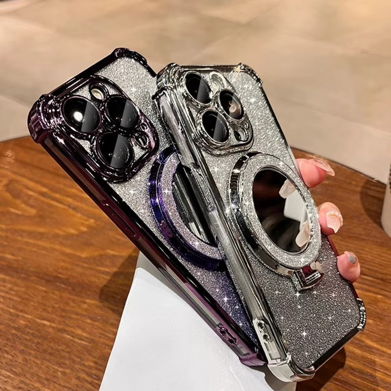 Luxury Apple iPhone Case, MagSafe Compatible, Camera Lens & Screen Protection, Ultra Thin, Shockproof, Magnetic Full All Around Cover – Sparkling Gradient Glitter Airbag Case with Mirror Back & Diamond Stand Holder