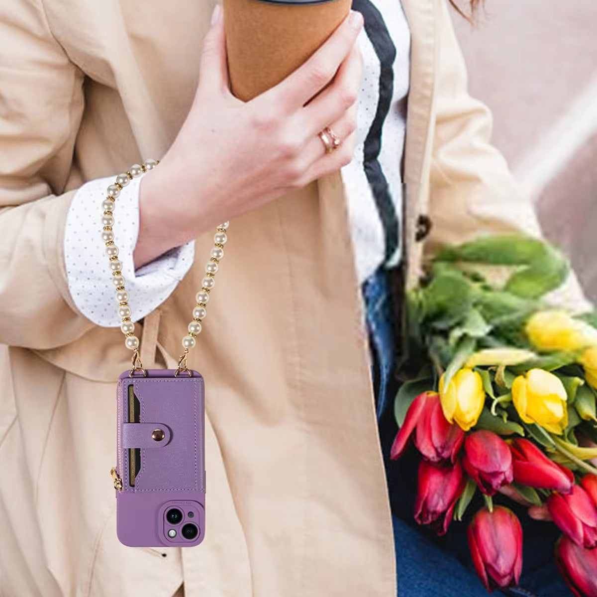 High Quality Apple iPhone Case, MagSafe Compatible, Camera Lens & Screen Protection, Ultra Thin, Shockproof, Magnetic Full All Around Cover – PU Leather Wallet Case with Mirror, Zipper & Pearl Strap