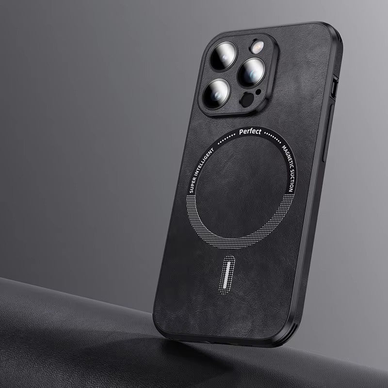 Premium MagSafe Leather iPhone Case with Magnetic Shockproof Design, Glass Lens Protector, Full Body Drop Defense, 