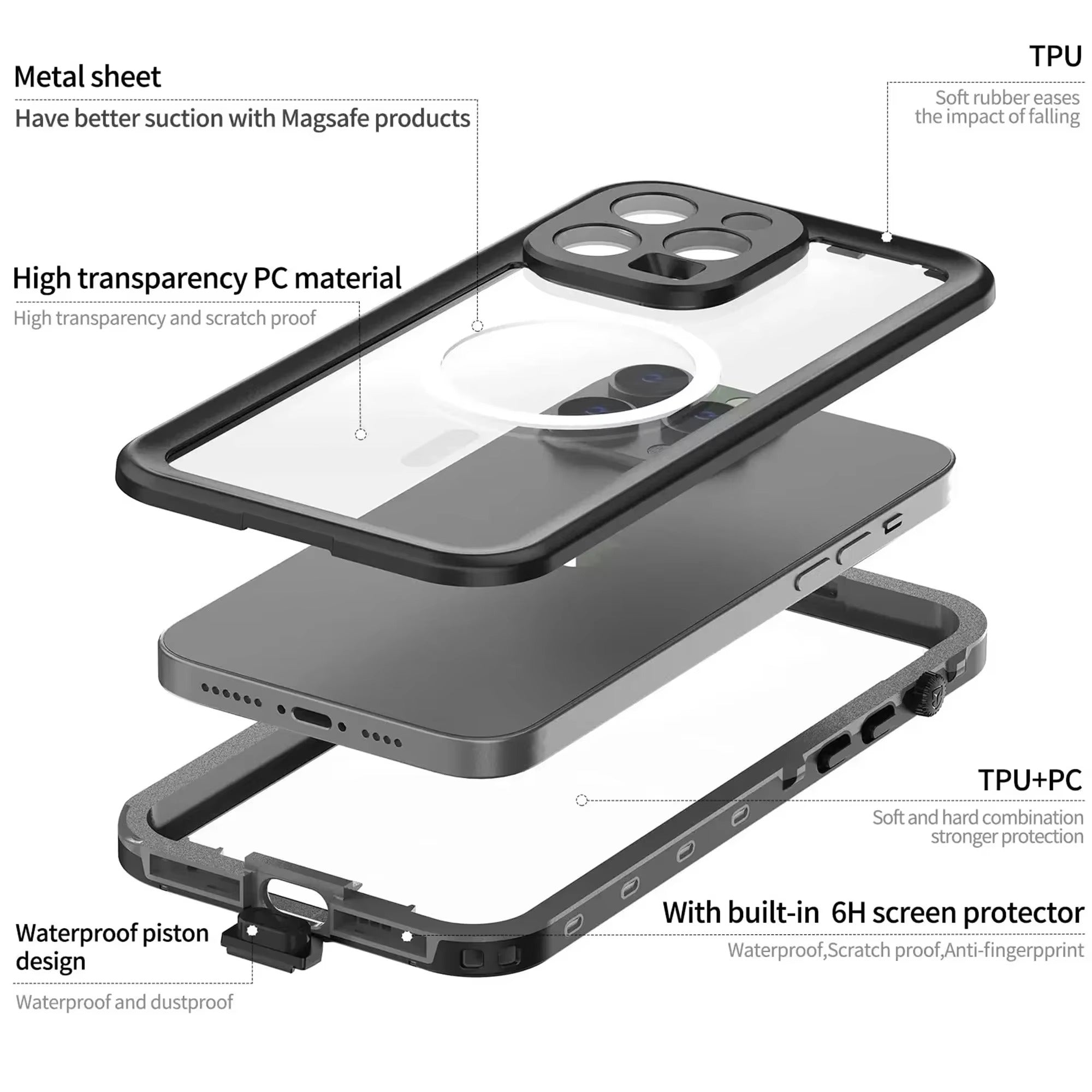 High Quality Waterproof Apple iPhone Case, MagSafe Compatible, Ultra Thin Magnetic with IP68 Dustproof Seal and Screen Guard