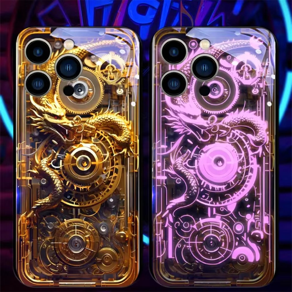 Premium Apple iphone  Case, LED Flash, Sound Reactive, Shockproof, Ultra Thin, Full Body Protection, Golden Dragon Luminous Glass Cover