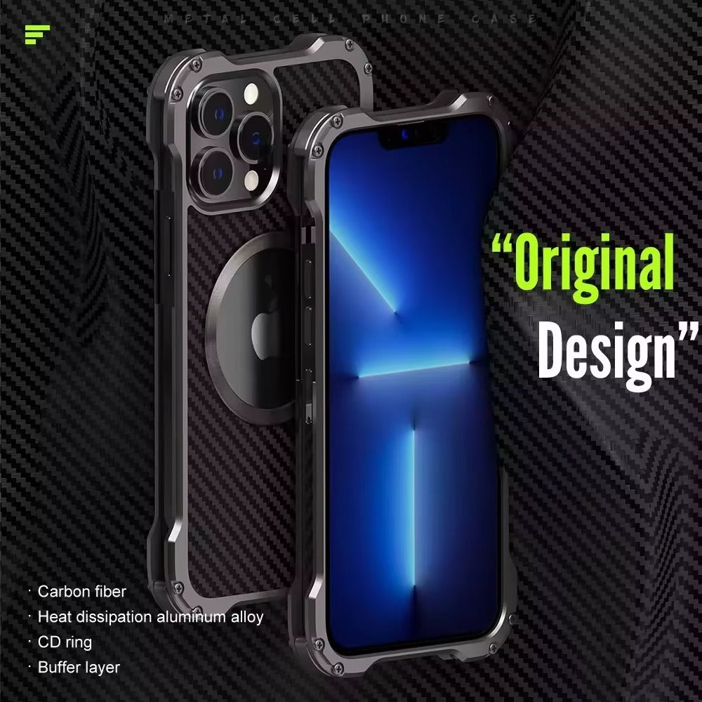 Premium Apple iPhone Case, MagSafe Compatible, Camera Lens & Screen Protection, Ultra Thin, Shockproof, Magnetic Full All Around Cover – Carbon Fiber Metal Case with Anti-Fall Design & Magnetic Back Shell