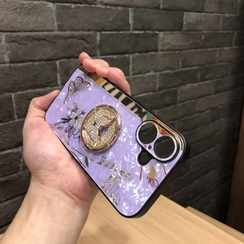 Luxury Apple iPhone Case, MagSafe Compatible, Camera Lens & Screen Protection, Ultra Thin, Shockproof, Magnetic Full All Around Cover – Shell Pattern Butterfly Case with Ring Holder & Hard Silicone TPU Back Design