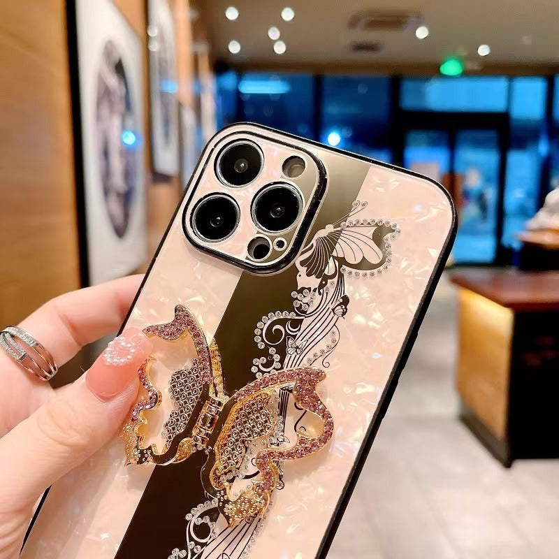 Fashion Apple iPhone Case, MagSafe Compatible, Camera Lens & Screen Protection, Ultra Thin, Shockproof, Magnetic Full All Around Cover – Butterfly Ring Holder Case with Full Shockproof Armor Back for Girls