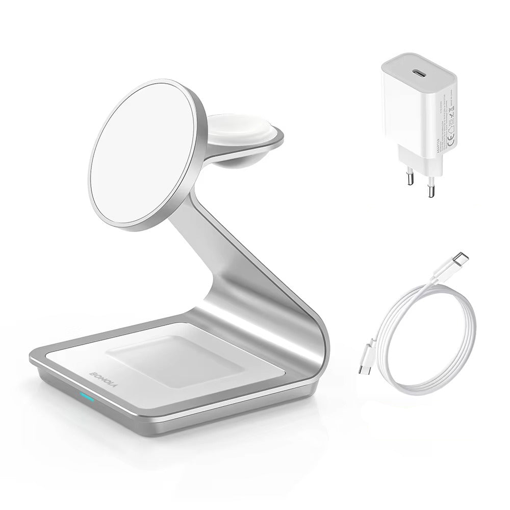 Premium 3 in 1 Magnetic Wireless Charging Stand – 15W Fast Charger Dock with Aluminum Alloy Metal Design for iPhone, Apple Watch and AirPods