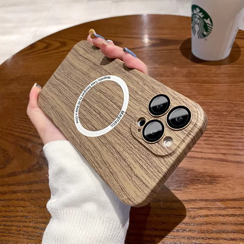 Premium Apple iPhone Case, MagSafe Compatible, Camera Lens and Screen Protection, Ultra Thin, Shockproof, Magnetic, Full All Around Protection, Wood Pattern Plastic Cover