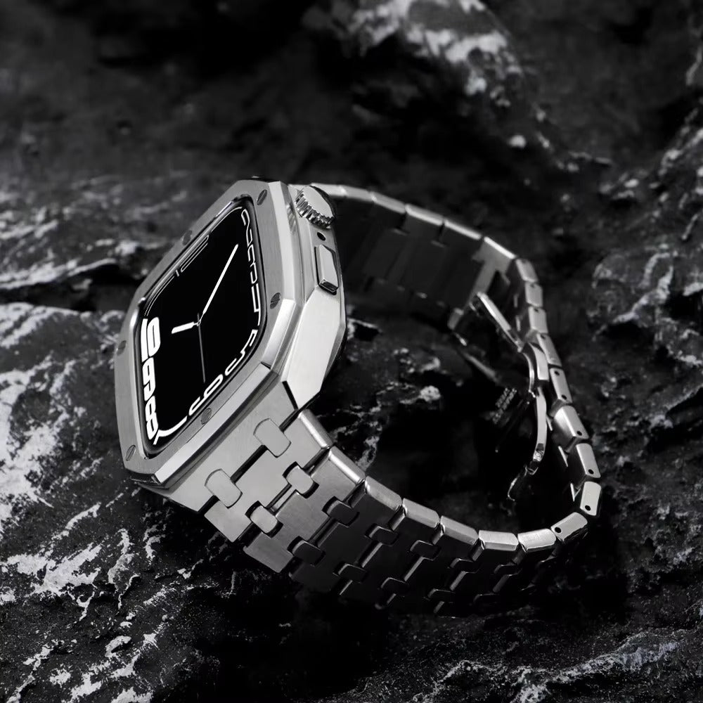 Luxury Metal Mod Kit for Smartwatch – Bezel Frame, Strap, and Case Set for 44mm to 45mm Watches, Premium Custom Accessories 