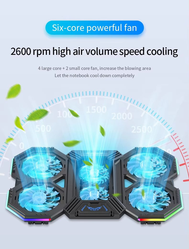 High-Performance, RGB, Gaming Laptop Stand, Air Cooler, Notebook Holder, with 6 Fans, Adjustable, Foldable Base, for 12, 13, 14, 15, 16, 17 Inch Laptops