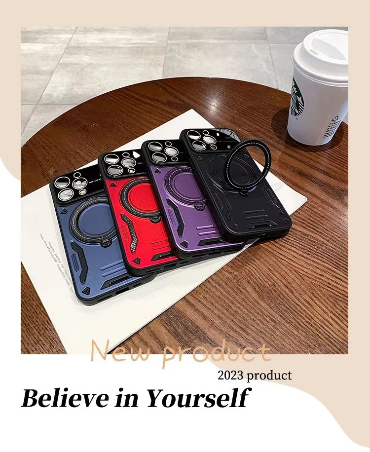 Luxury Apple iPhone Case, MagSafe Compatible, Camera Lens & Screen Protection, Ultra Thin, Shockproof, Magnetic Full All Around Cover – Stand Holder Case with Lens Guard, Wristband & Lanyard Strap