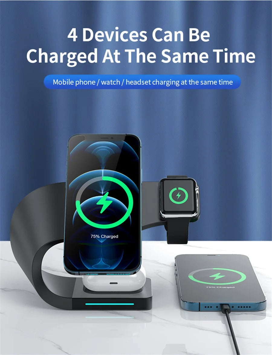 Premium 4 in 1 Magnetic Wireless Charging Station – 15W Fast Charger Dock with LED Indicator for Phones, Apple Watch, AirPods and USB Devices