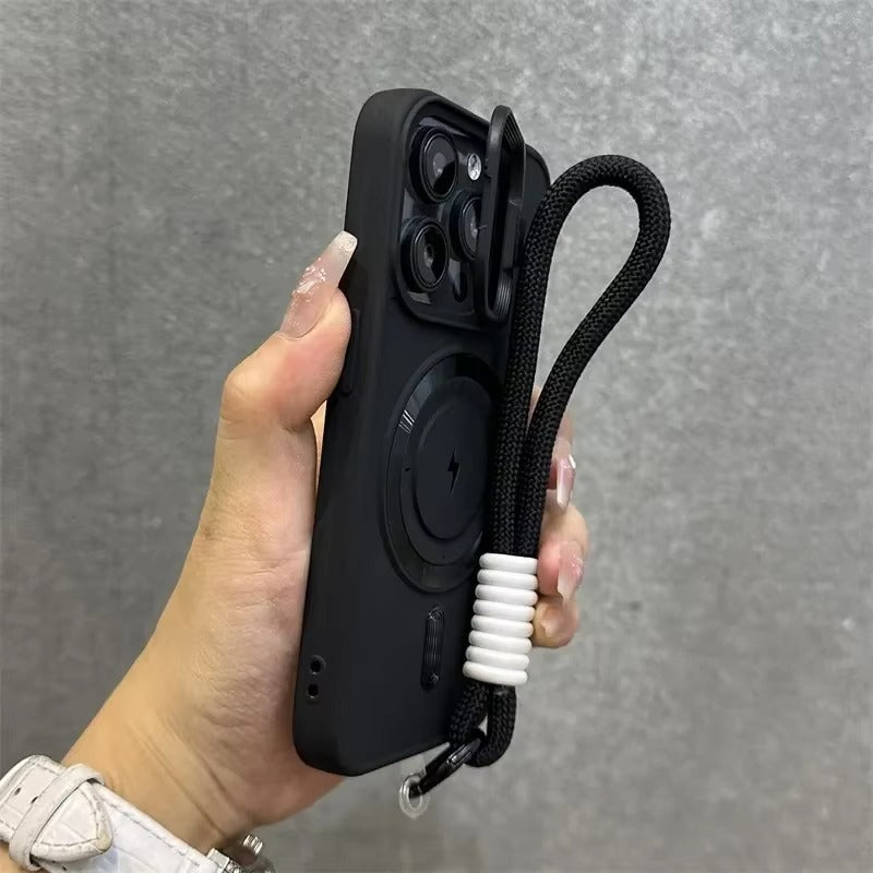 Premium Apple iPhone Case, MagSafe Compatible, Camera Lens & Screen Protection, Ultra Thin, Shockproof, Magnetic Full All Around Cover – Soft Silicone Case with Wrist Strap, Magnetic Lanyard & Lens Stand Bracket