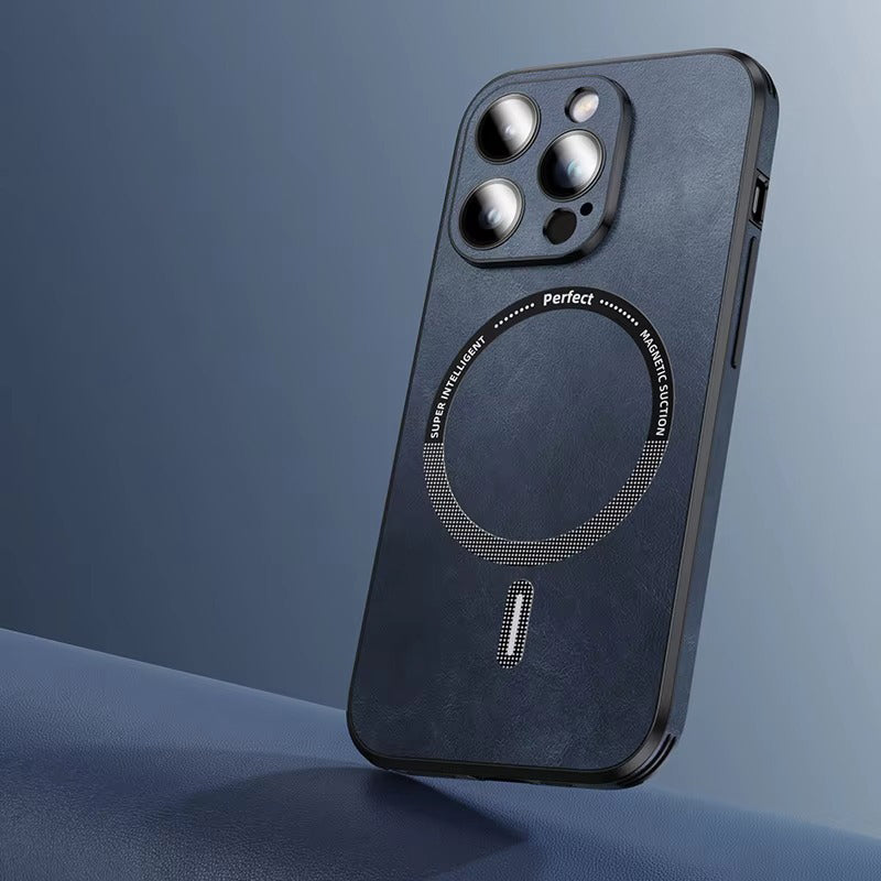 Premium MagSafe Leather iPhone Case with Magnetic Shockproof Design, Glass Lens Protector, Full Body Drop Defense, 