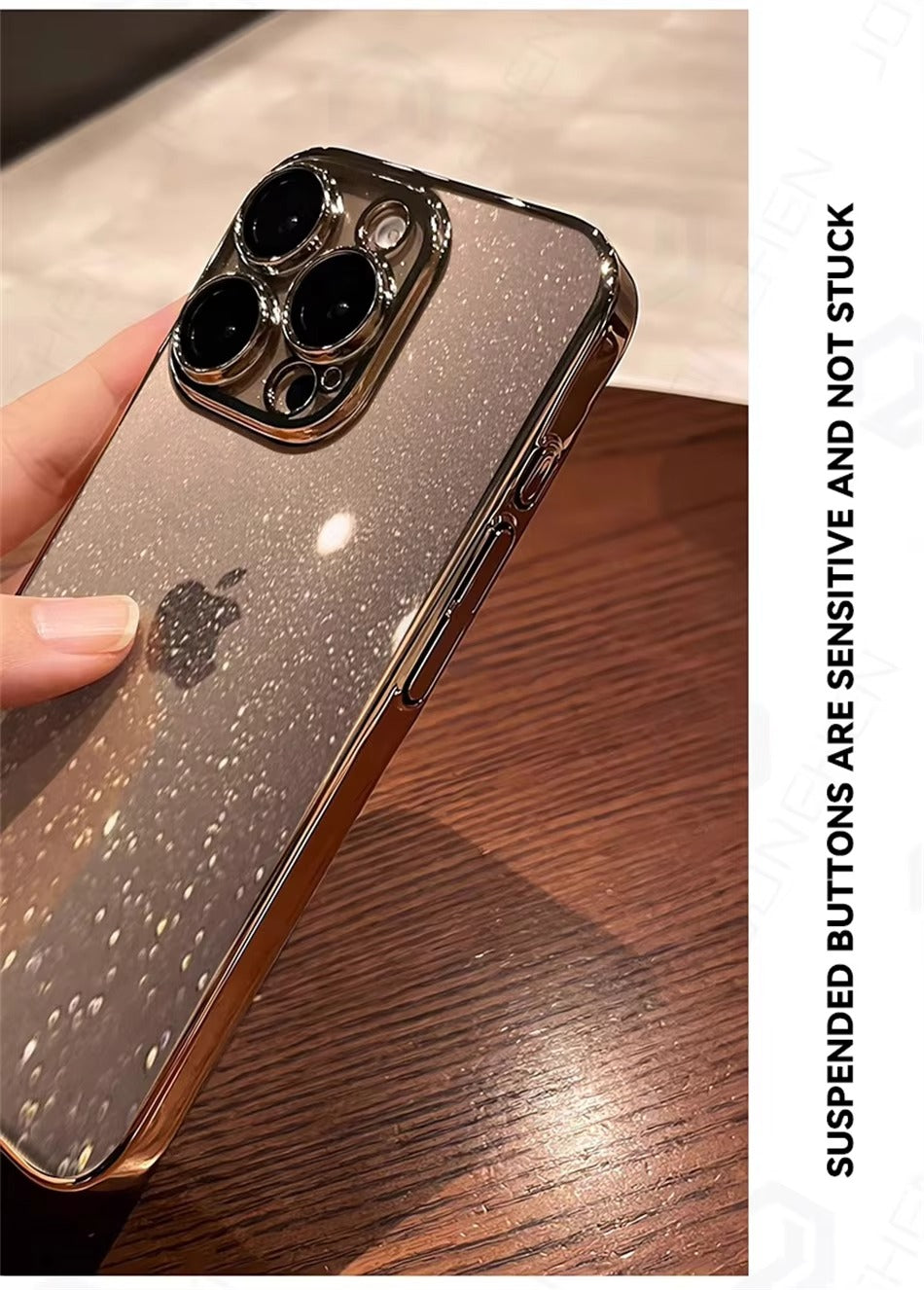 Luxury Apple iPhone Case, MagSafe Compatible, Camera Lens & Screen Protection, Ultra Thin, Shockproof, Magnetic Full All Around Cover – Transparent Glitter Slim Case with Electroplated Gold Bumper & Hard Plastic Back