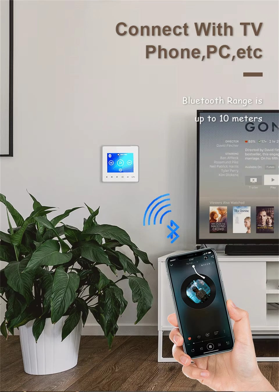 Premium Bluetooth Wall Amplifier for iPhone, 2.8" HD Touchscreen Music Control Panel, Smart Home Stereo System with FM, AUX,  