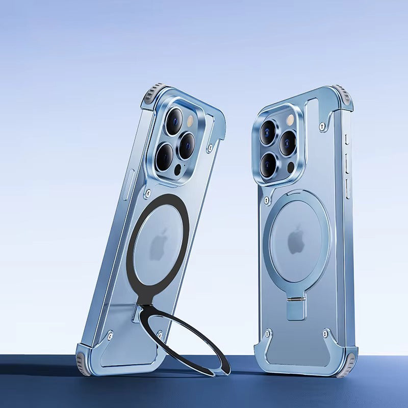 Luxury Edgeless Apple iPhone Case, MagSafe Compatible, Ultra Thin Magnetic  Metal Frame and Aluminum Kickstand