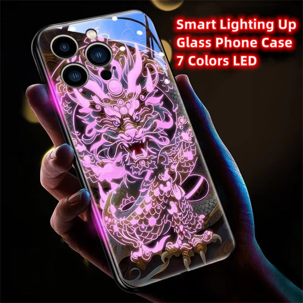 Premium Apple iphone  Case, LED Flash, Sound Reactive, Shockproof, Ultra Thin, Full Body Protection, Golden Dragon Luminous Glass Cover