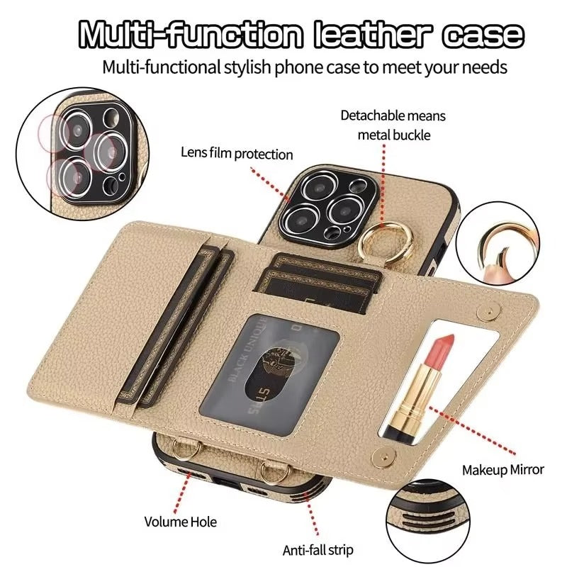 High-End Apple iPhone Case, MagSafe Compatible, Camera Lens & Screen Protection, Ultra Thin, Shockproof, Magnetic Full All Around Cover – Crossbody Leather Wallet Case with Finger Ring Buckle & Card Slots