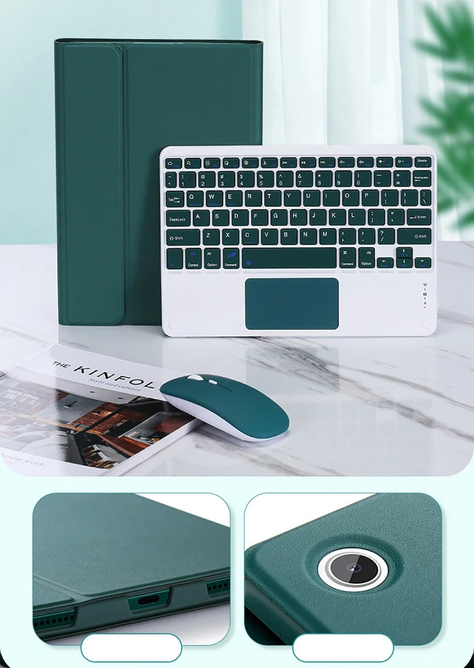 Luxury Wireless Keyboard Case with Free Mouse – Bluetooth Keyboard Cover with Touchpad, Leather Texture, Built-in Battery, for 10–11 inch Tablets, Solid Color Design