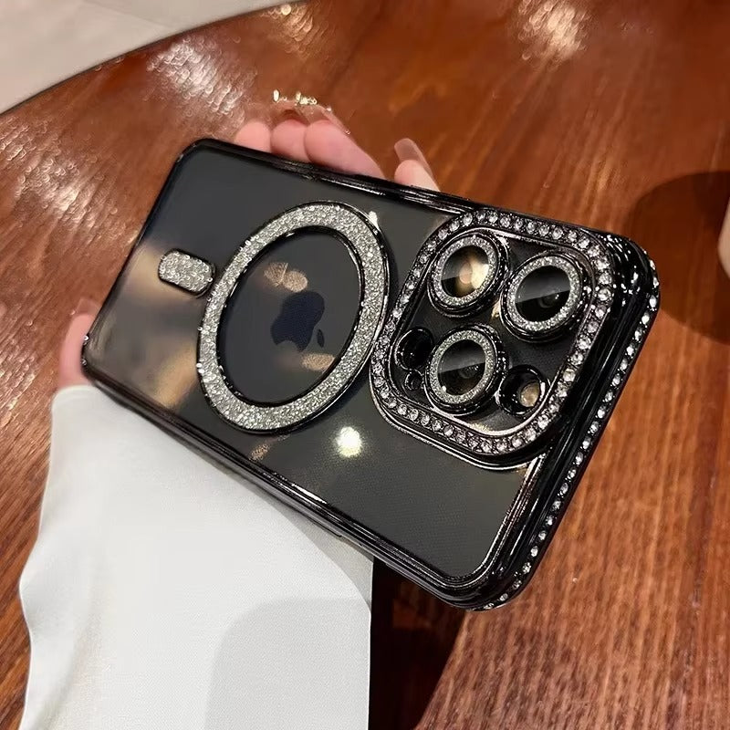 Luxury Pink Glitter Apple iPhone Case, MagSafe Compatible, Ultra Thin Magnetic Shockproof Full Protection Cover and Diamond Clear Plated Shell