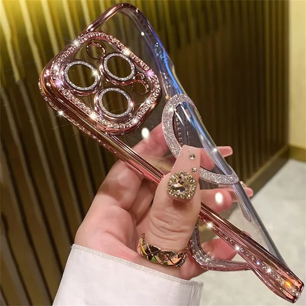 Luxury Apple iPhone Case, MagSafe Compatible, Camera Lens & Screen Protection, Ultra Thin, Shockproof, Magnetic Full All Around Cover – Glitter Diamond Transparent Case with Wireless Charging & Bumper Edge Design