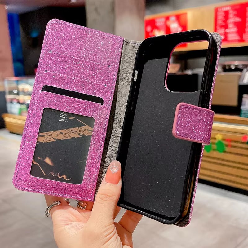 Luxury Apple iPhone Case, MagSafe Compatible, Camera Lens and Screen Protection, Ultra Thin, Shockproof, Magnetic, Full All Around Protection, Glitter Leather Wallet Cover