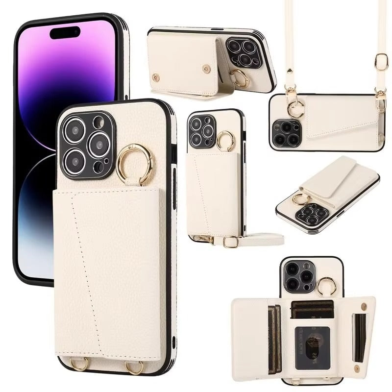 High-End Apple iPhone Case, MagSafe Compatible, Camera Lens & Screen Protection, Ultra Thin, Shockproof, Magnetic Full All Around Cover – Crossbody Leather Wallet Case with Finger Ring Buckle & Card Slots