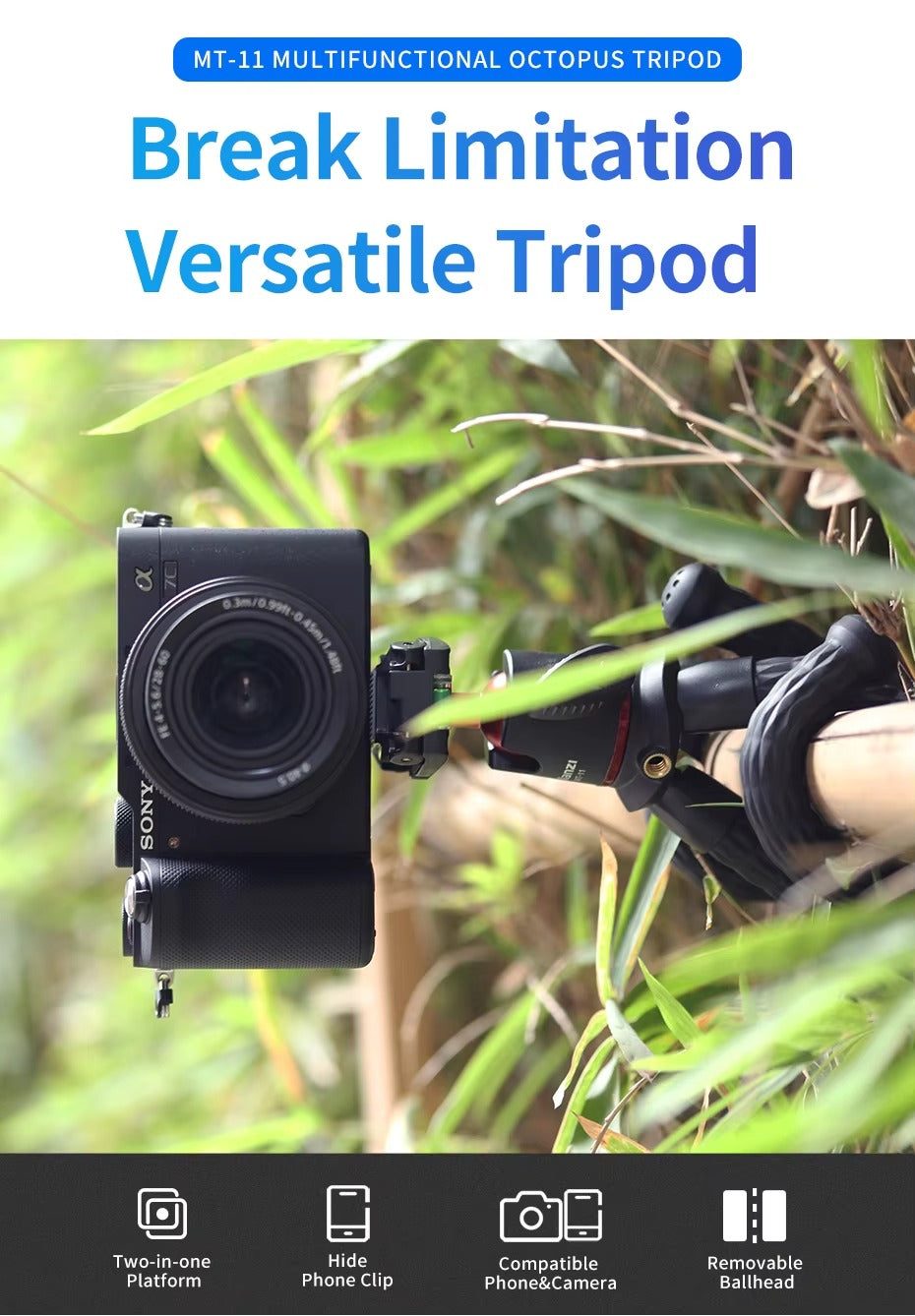 Robust, Flexible Octopus Tripod with Ball Head – Extendable 1/4'' Screw, Cold Shoe, Phone Clip for Camera, and Apple iPhone