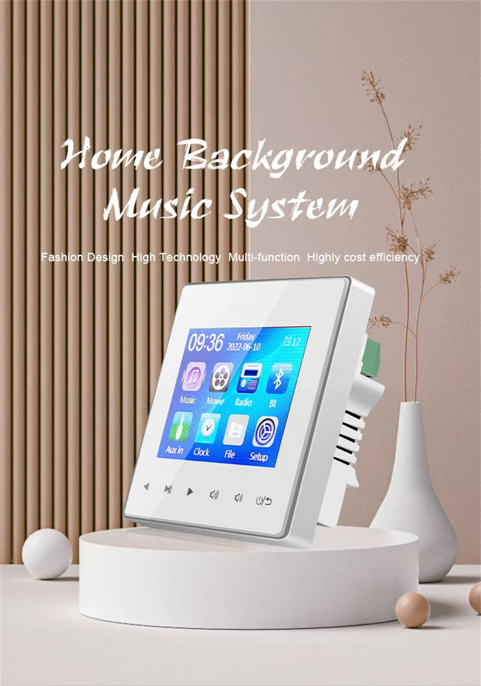 Premium Bluetooth Wall Amplifier for iPhone, 2.8" HD Touchscreen Music Control Panel, Smart Home Stereo System with FM, AUX,  