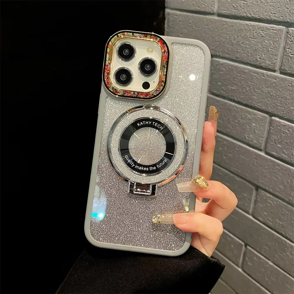 Luxury Apple iPhone Case, MagSafe Compatible, Camera Lens & Screen Protection, Ultra Thin, Shockproof, Magnetic Full All Around Cover – Gradient Glitter Diamond Case with Stand Holder & Wireless Charging Support
