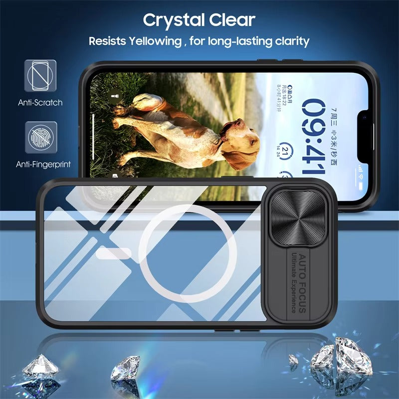 Premium Apple iPhone Case MagSafe Compatible, Camera Lens & Screen Protection,  Cover with Slide Lens & Clear Acrylic Back