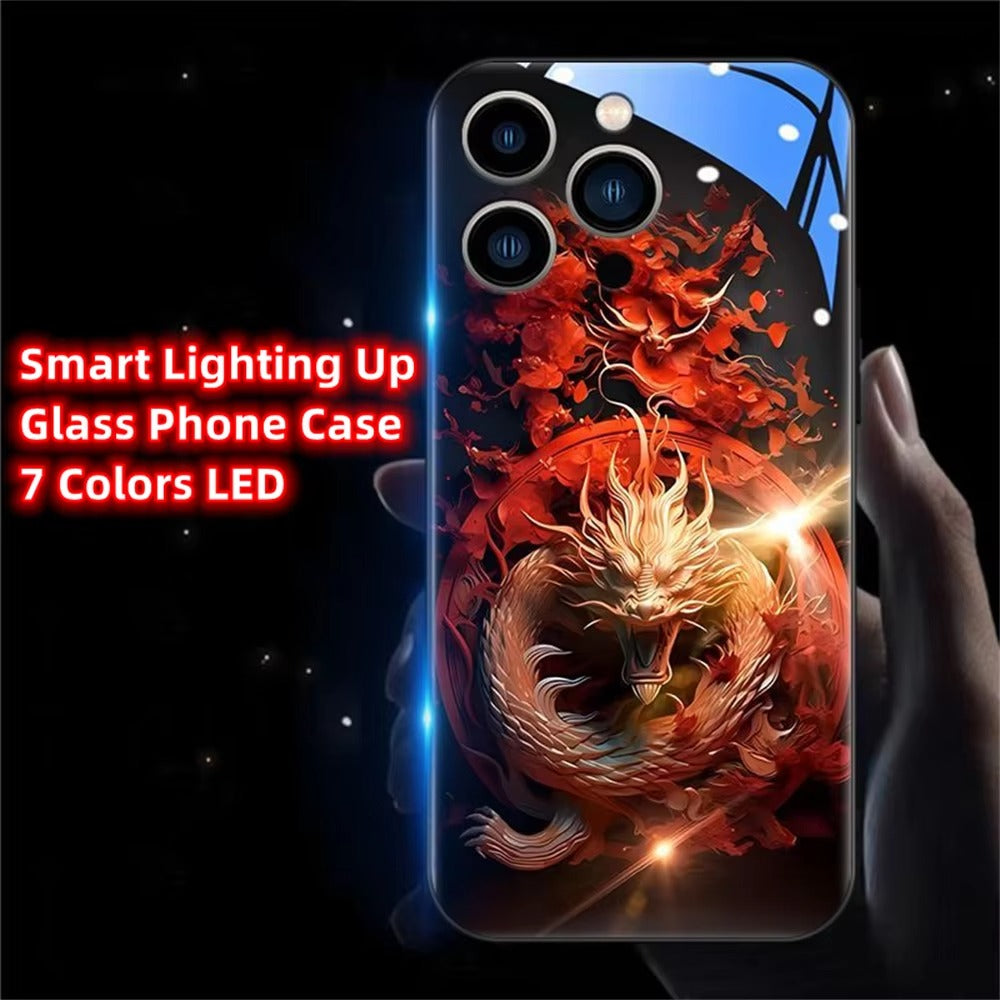 Premium Apple iphone  Case, LED Flash, Sound Reactive, Shockproof, Ultra Thin, Full Body Protection, Golden Dragon Luminous Glass Cover