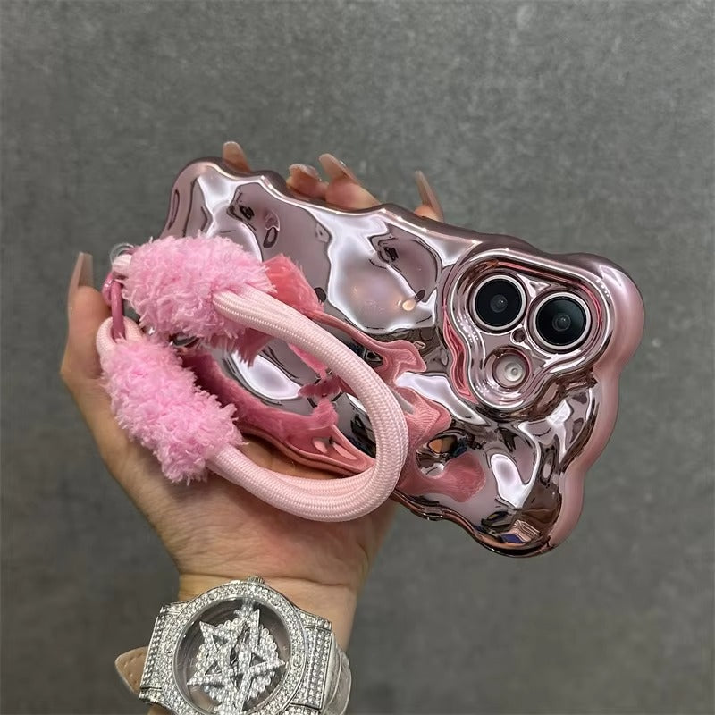 Luxury Apple iPhone Case, MagSafe Compatible, Camera Lens & Screen Protection, Ultra Thin, Shockproof, Magnetic Full All Around Cover – 3D Wave Edge Plating Case with Plush Wristband & Lanyard Strap