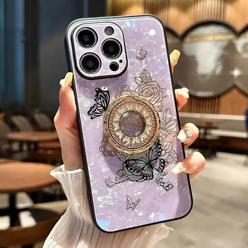 Luxury Apple iPhone Case, MagSafe Compatible, Camera Lens & Screen Protection, Ultra Thin, Shockproof, Magnetic Full All Around Cover – Butterfly Flower Pattern Silicone Case with Diamond Ring Holder & Hard Back Protection