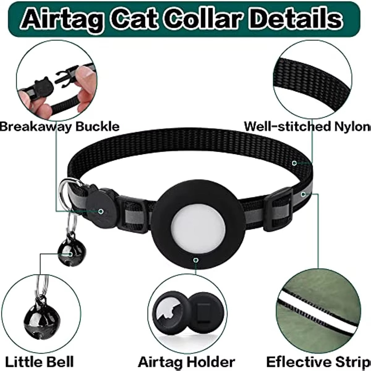 Premium Reflective Cat Collar with AirTag Holder – Adjustable Breakaway Design with Bell for Kittens and Small Pets 0.4" Wide