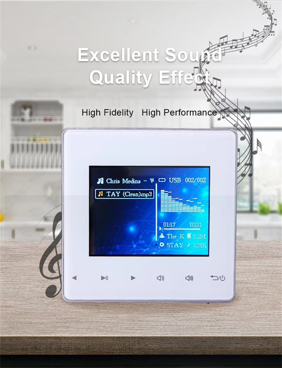 Premium Bluetooth Wall Amplifier for iPhone, 2.8" HD Touchscreen Music Control Panel, Smart Home Stereo System with FM, AUX,  