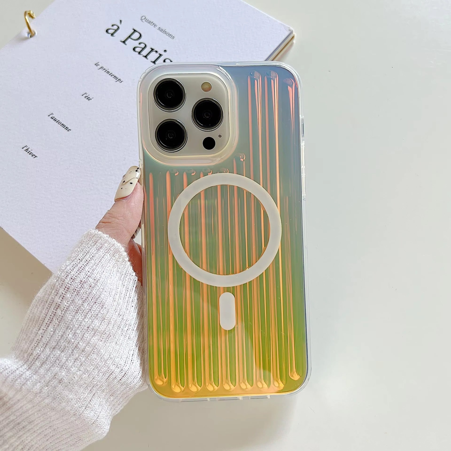 Premium Apple iPhone Case, MagSafe Compatible, Camera Lens & Screen Protection, Ultra Thin, Shockproof, Magnetic Full All Around Cover – Gradient Laser Luggage Style TPU + PC Case with Full Wrap Protection