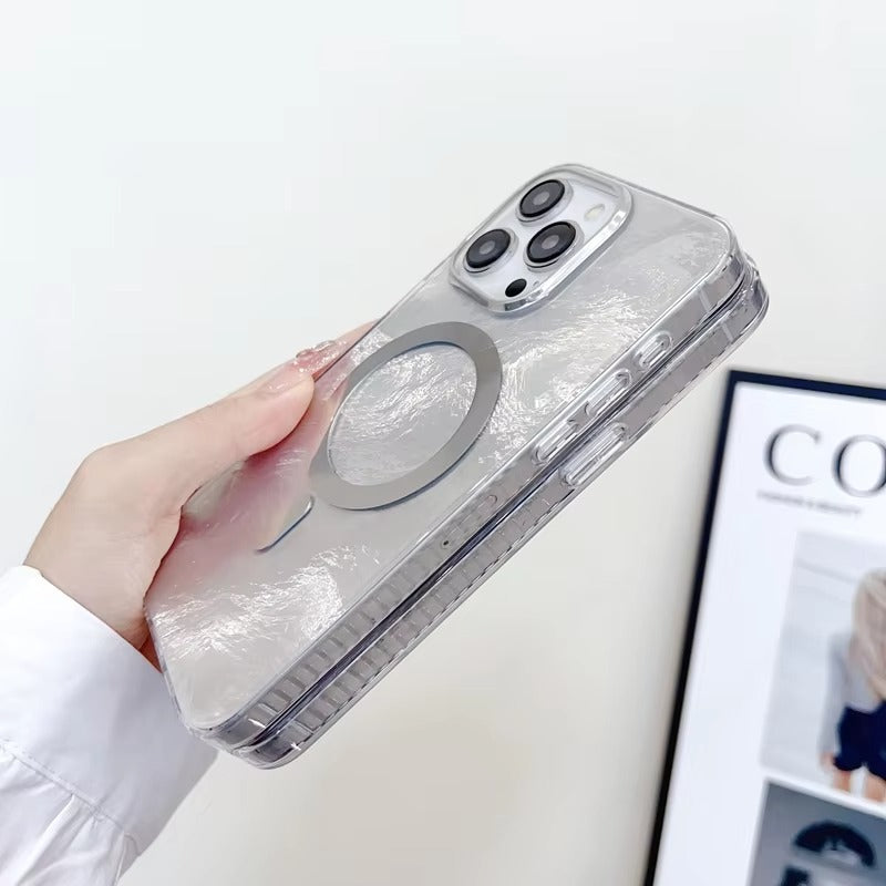 Luxury Apple iPhone Case, MagSafe Compatible, Camera Lens & Screen Protection, Ultra Thin, Shockproof, Magnetic Full All Around Cover – Laser Aurora Raindrop Acrylic Case with Wrist Strap & Wireless Charging