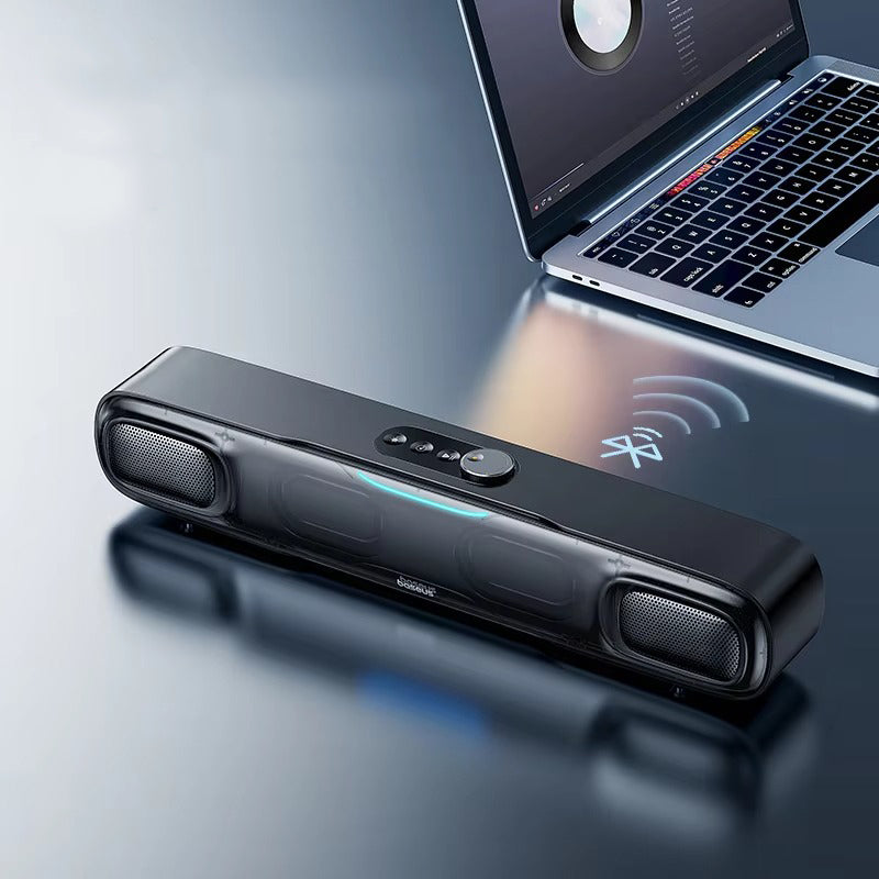 Premium Mini Bluetooth Soundbar for iPhone & Mac – Desk Speaker with 3D Surround Audio, Triple-Mode Playback, Subwoofer 