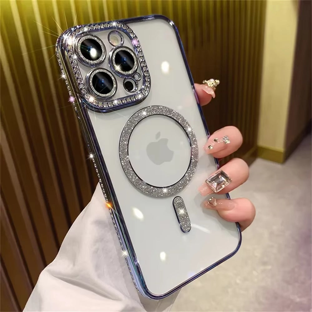Luxury Apple iPhone Case, MagSafe Compatible, Camera Lens & Screen Protection, Ultra Thin, Shockproof, Magnetic Full All Around Cover – Glitter Diamond Transparent Case with Wireless Charging & Bumper Edge Design