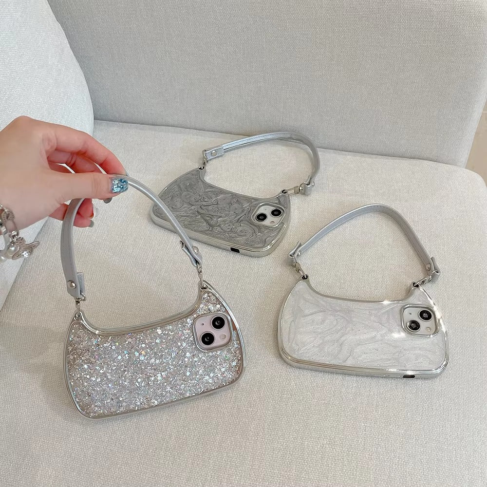 Luxury Apple iPhone Case, MagSafe Compatible, Camera Lens & Screen Protection, Ultra Thin, Shockproof, Magnetic Full All Around Cover – Electroplated Handbag Style Case with Soft Body & Hand Strap