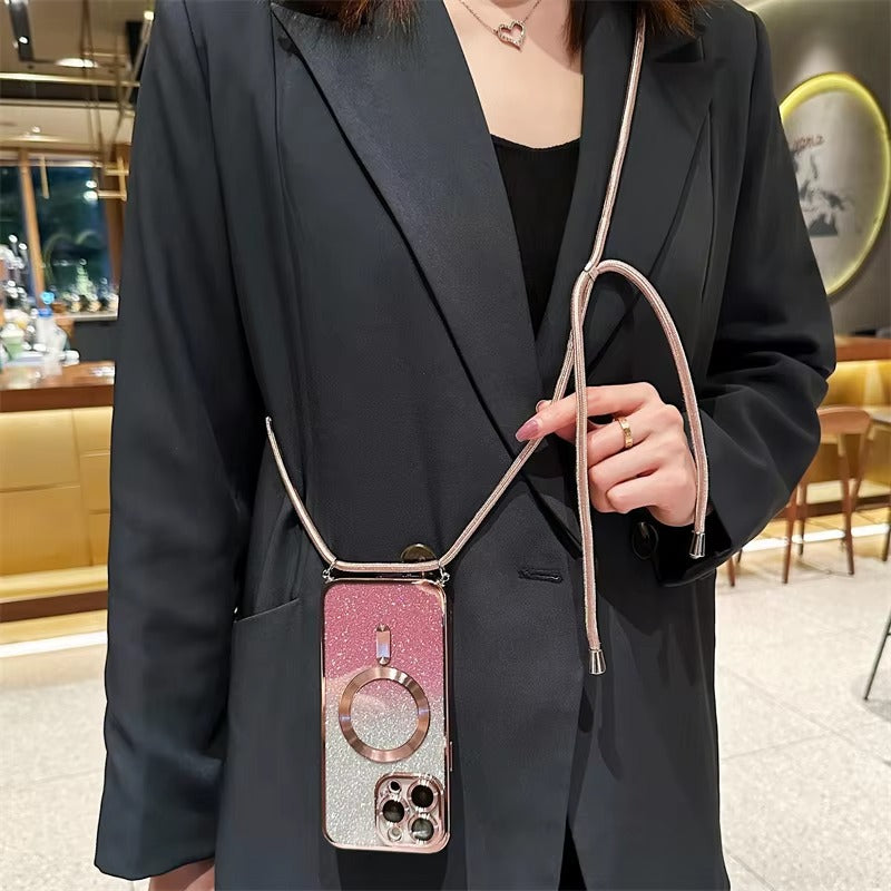 Premium Glitter Crossbody Apple iPhone Case, MagSafe Compatible, Ultra Thin Magnetic Shockproof Full Cover 