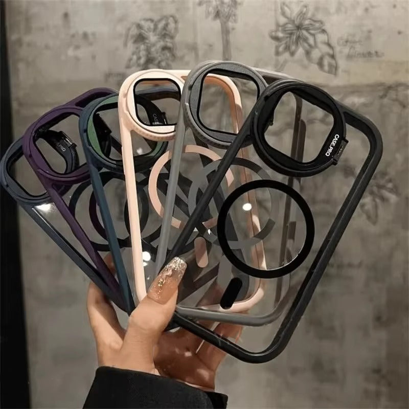 Luxury Apple iPhone Case MagSafe Compatible, Camera Lens & Screen Protection, Ultra Thin Shockproof Magnetic Full All Around Protection Cover with Acrylic Stand & Glass Camera