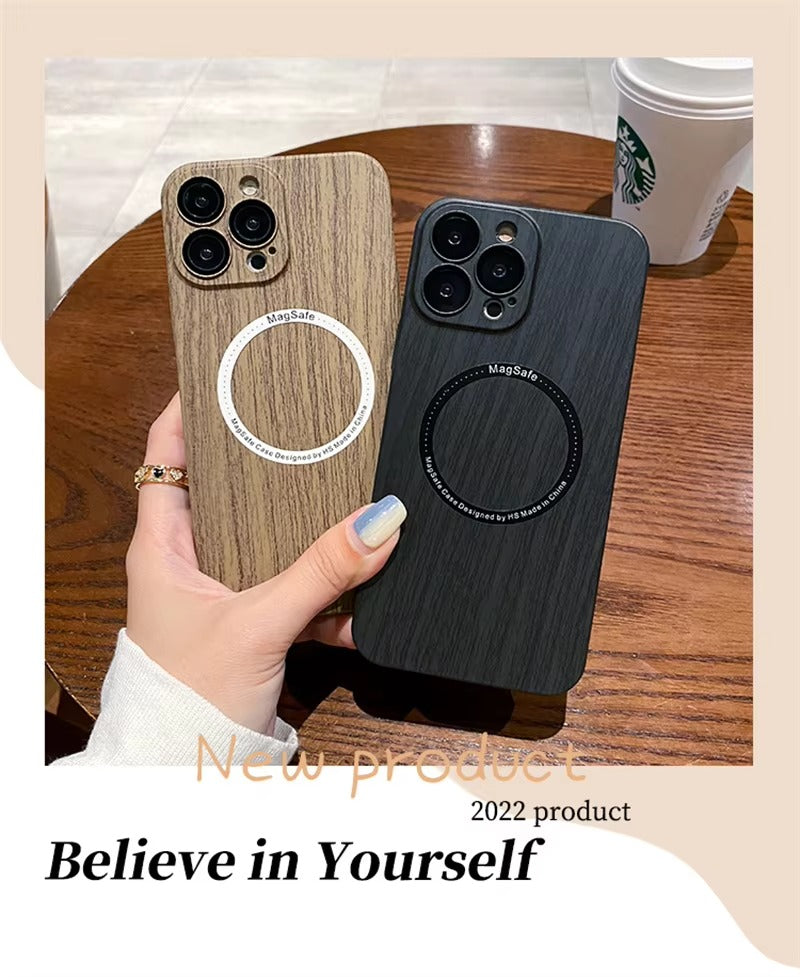 Premium Apple iPhone Case, MagSafe Compatible, Camera Lens and Screen Protection, Ultra Thin, Shockproof, Magnetic, Full All Around Protection, Wood Pattern Plastic Cover