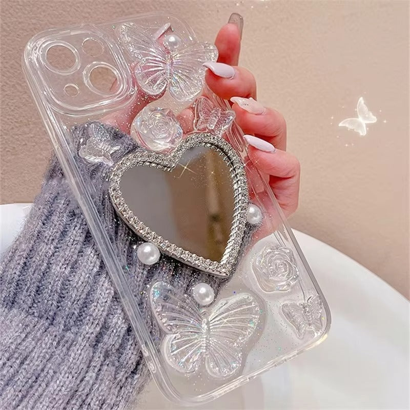 Luxury Apple iPhone Case, MagSafe Compatible, Camera Lens and Screen Protection, Ultra Thin, Shockproof, Magnetic, Full All Around Protection, Glitter Butterfly Mirror Cover