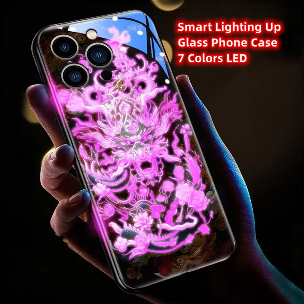 Premium Apple iphone  Case, LED Flash, Sound Reactive, Shockproof, Ultra Thin, Full Body Protection, Golden Dragon Luminous Glass Cover
