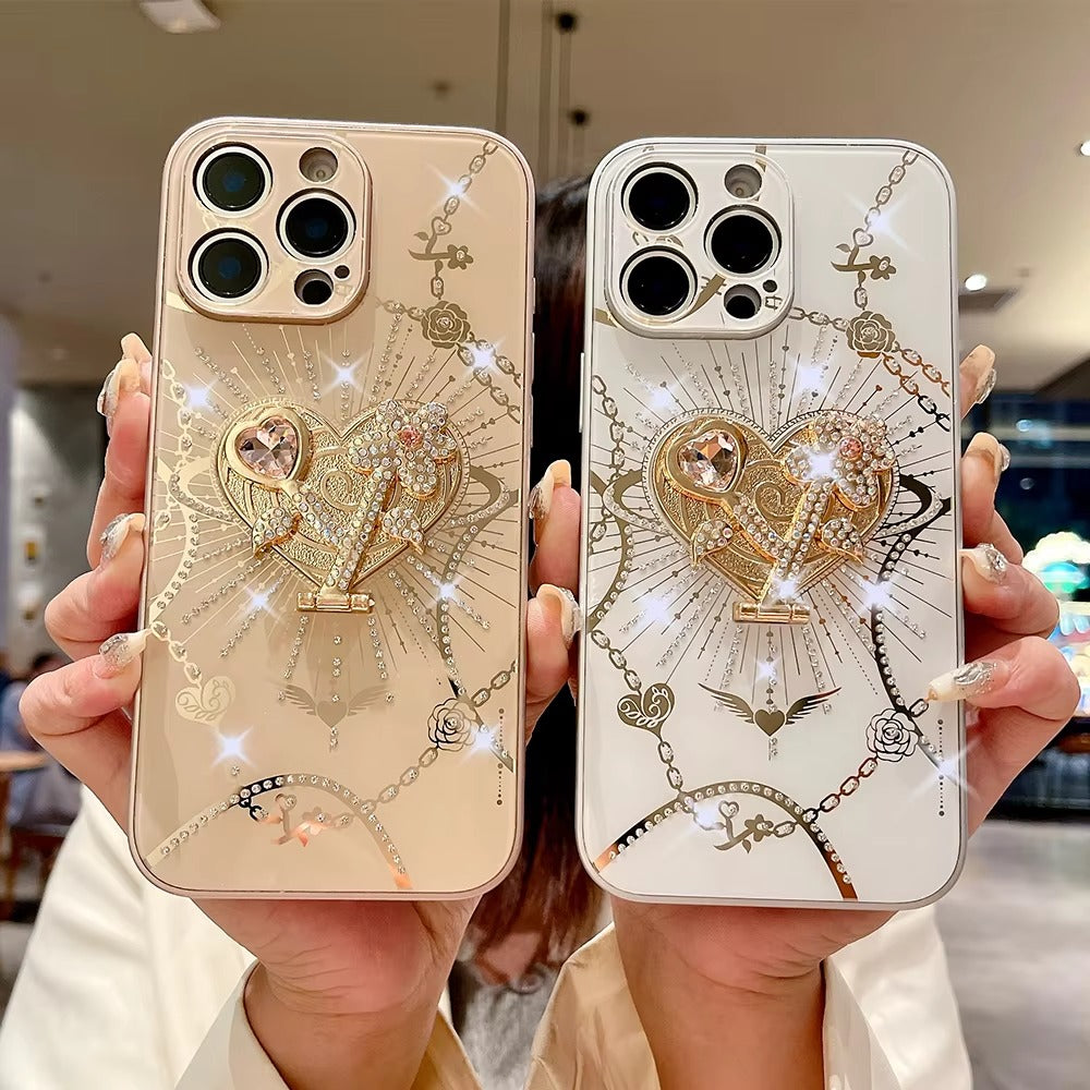 Luxury Apple iPhone Case, MagSafe Compatible, Camera Lens & Screen Protection, Ultra Thin, Shockproof, Magnetic Full All Around Cover – Glitter Crystal Heart Holder Case with Full Camera Guard & Hard Shockproof Back