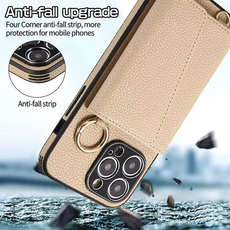 High-End Apple iPhone Case, MagSafe Compatible, Camera Lens & Screen Protection, Ultra Thin, Shockproof, Magnetic Full All Around Cover – Crossbody Leather Wallet Case with Finger Ring Buckle & Card Slots
